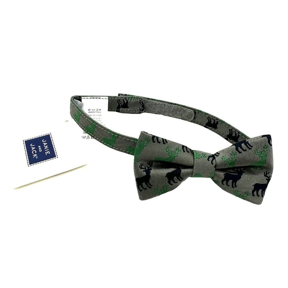 New NWT Janie and Jack Boys Bowtie with embroidered deer, gray green - Picture 1 of 5